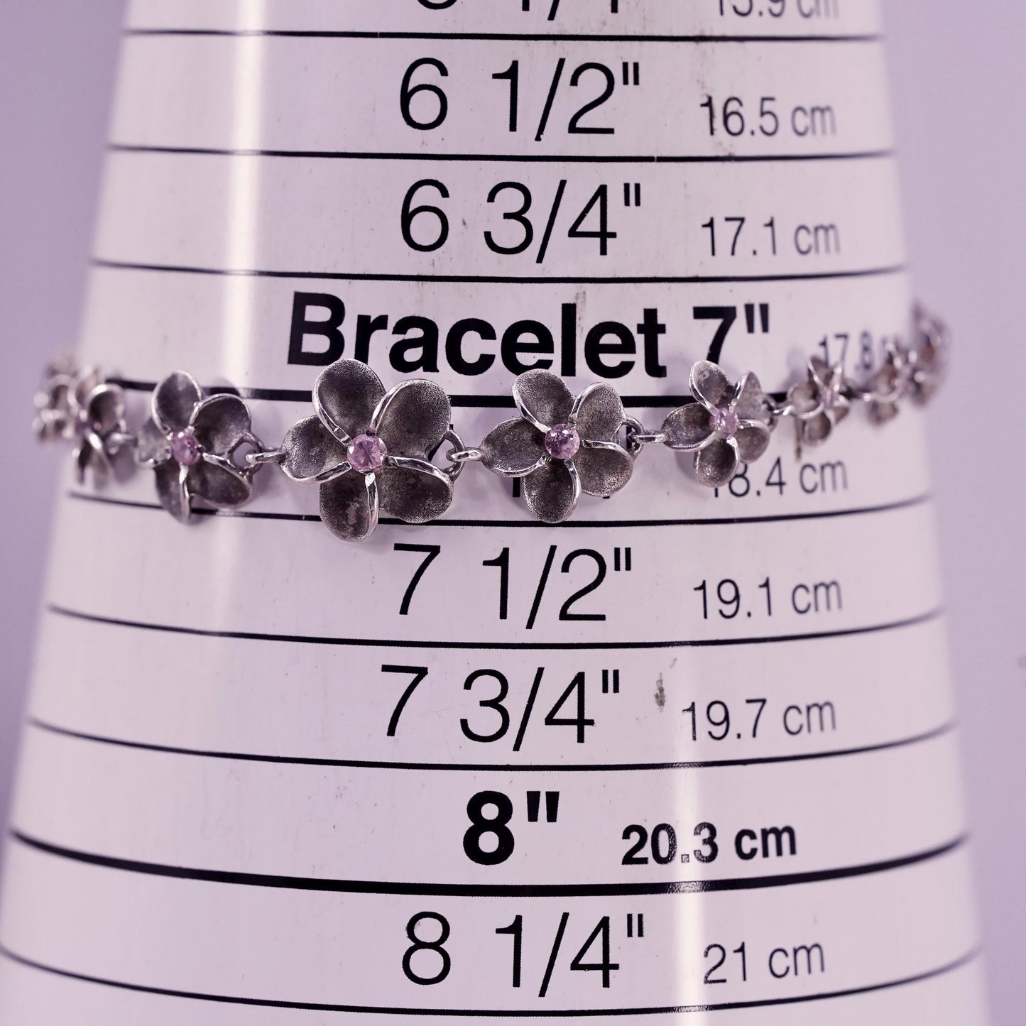 7.25", Sterling silver bracelet, solid 925 plumeria flower pink cz