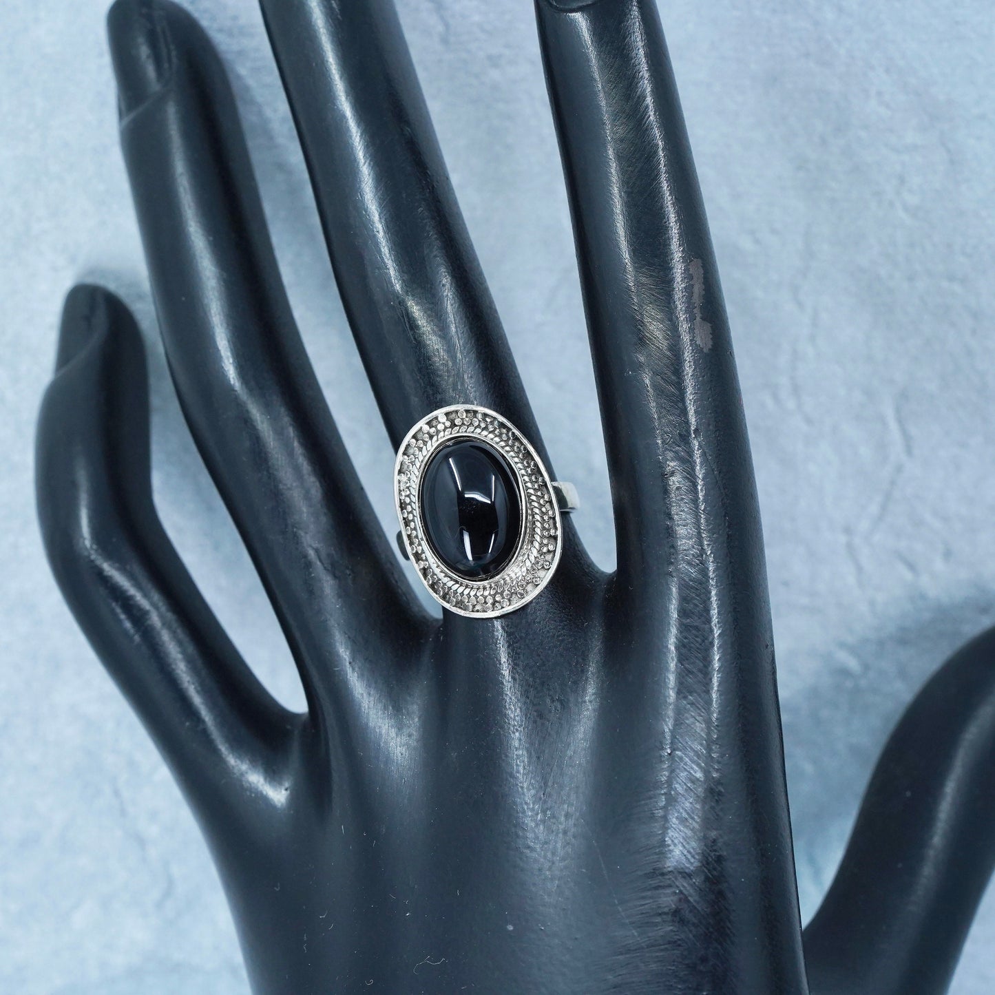 Size 6, vintage Sterling 925 silver handmade ring with onyx and beads