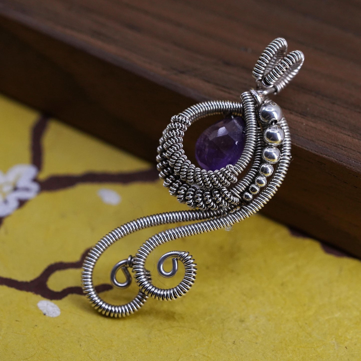Vintage Sterling silver handmade pendant, 925 wired teardrop with amethyst