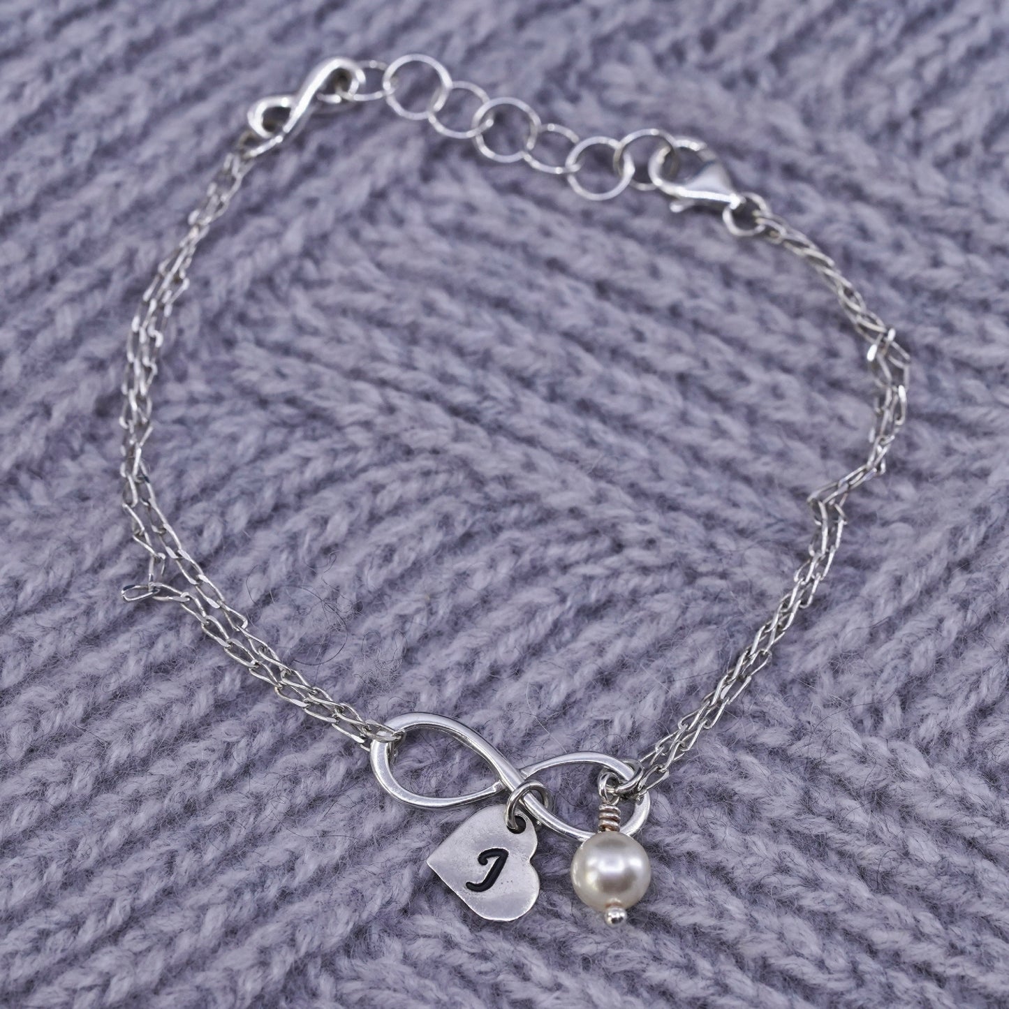 6.5+1", Sterling silver bracelet, double strands 925 circle chain infinity loop