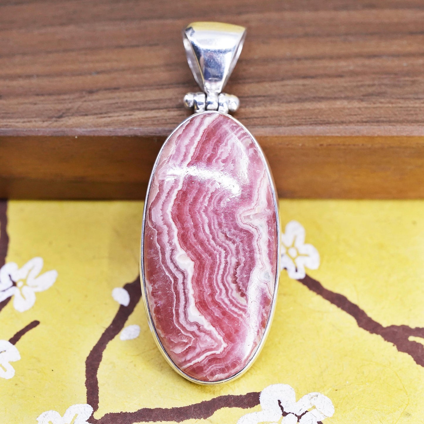 Vintage Sterling 925 silver handmade huge oval pendant with Rhodonite