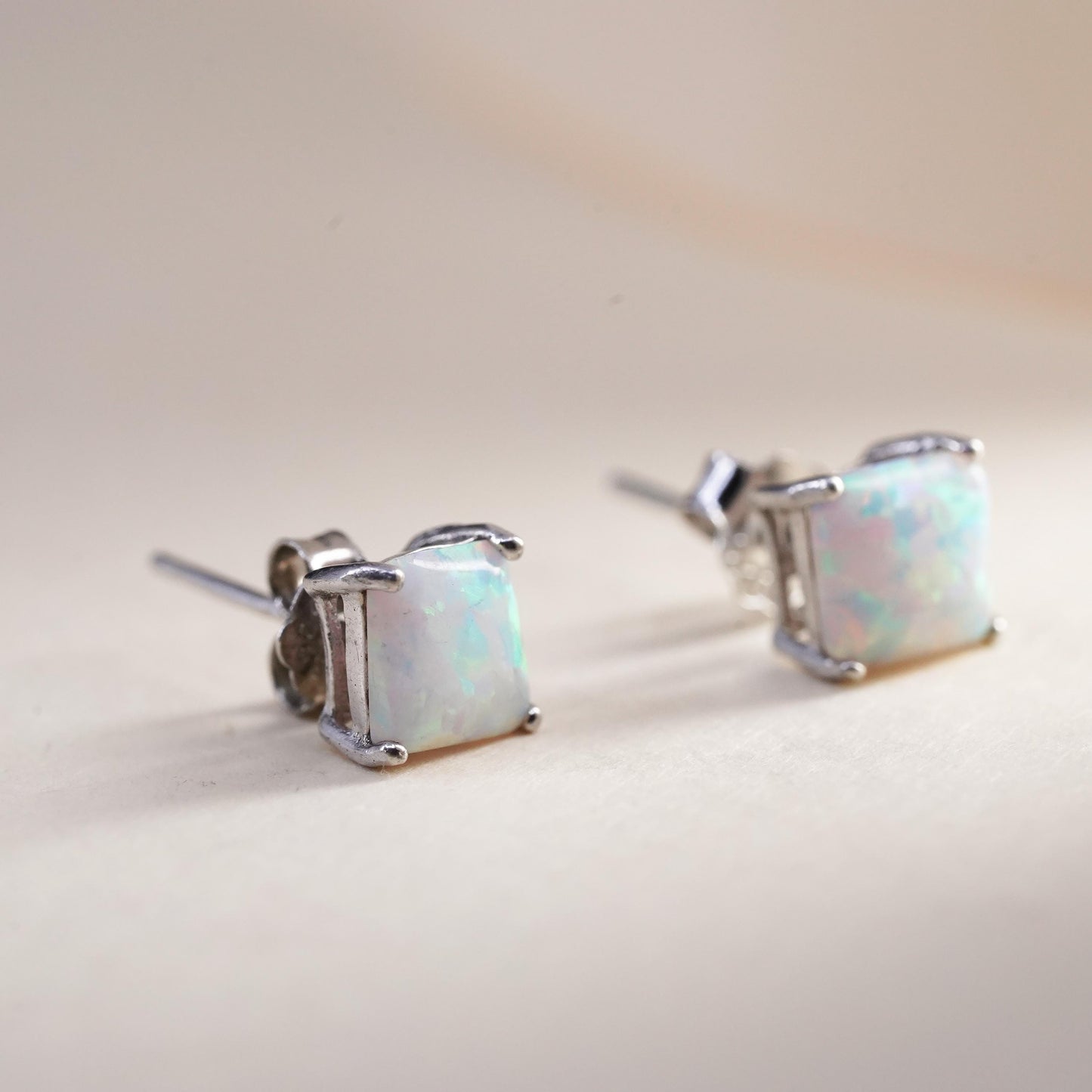 Vintage sterling silver handmade earrings, 925 studs with fire opal