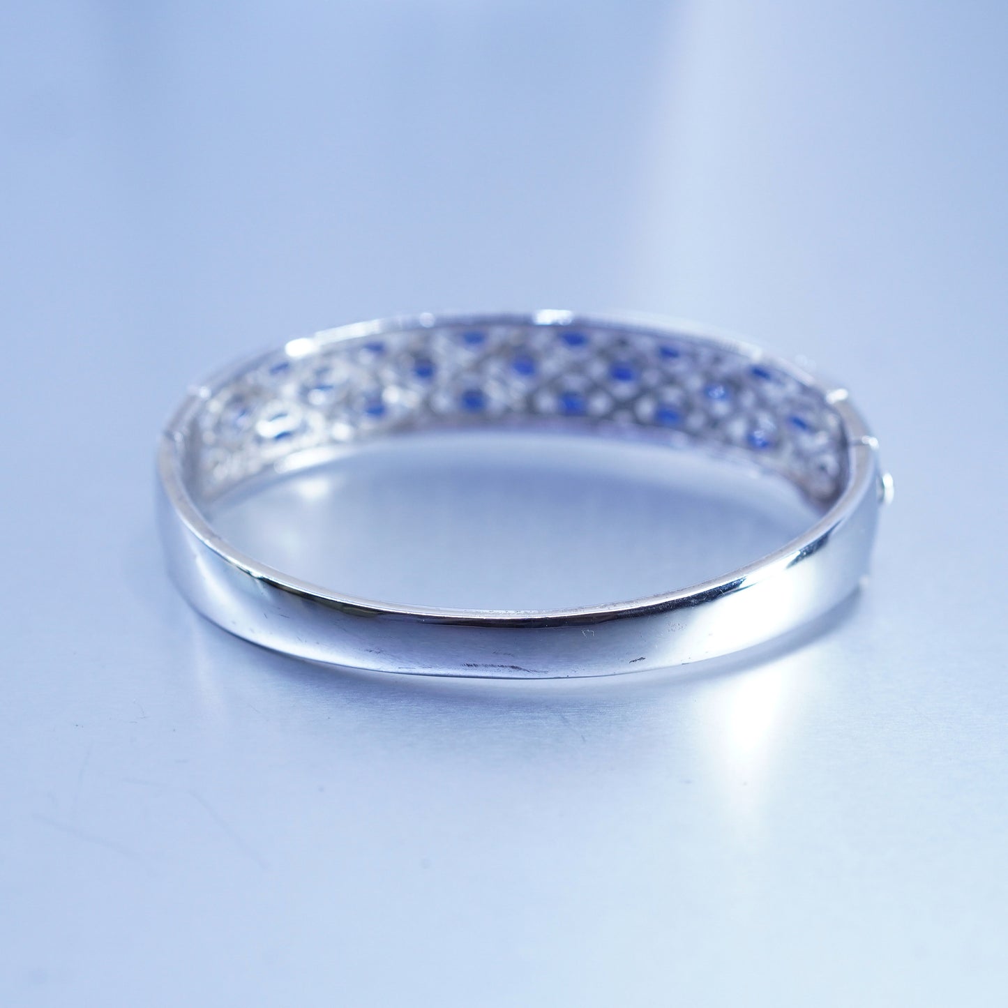 7”, Sterling 925 silver handmade bracelet, hinged bangle sapphire diamond