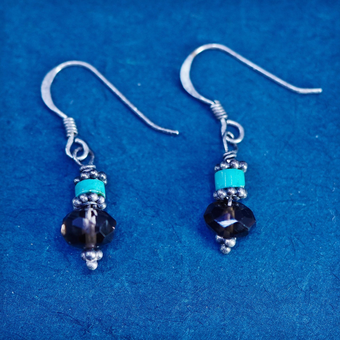 sterling silver 925 handmade earrings with smoky crystal and turquoise beads