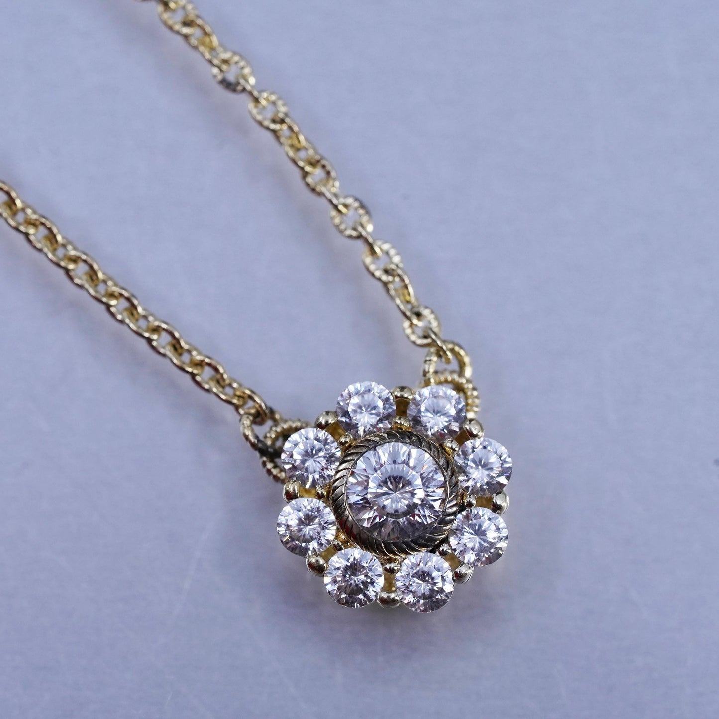 18+2", vintage Judith Ripka gold Sterling 925 silver necklace floral cz pendant