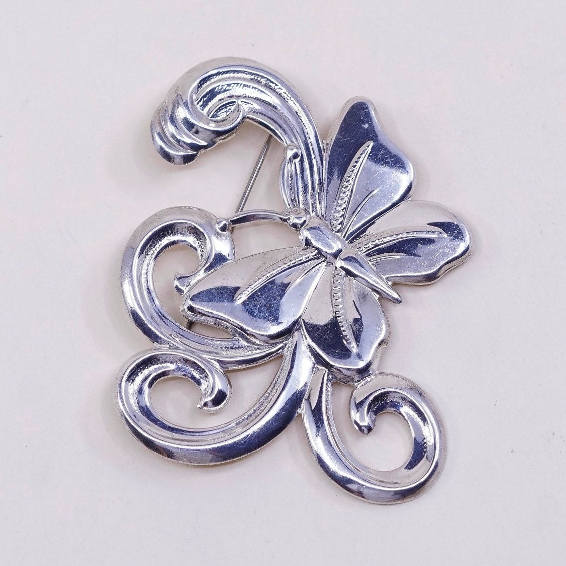 vintage Sterling silver handmade brooch, 925 silver butterfly pin with swirl, silver tested