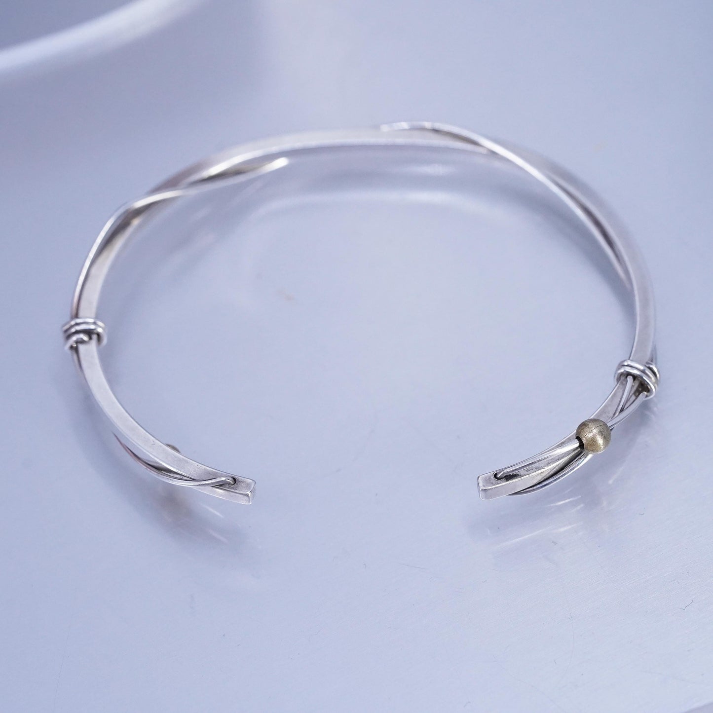 6.5”, Vintage two tone Sterling 925 silver bracelet, twisted cuff brass beads