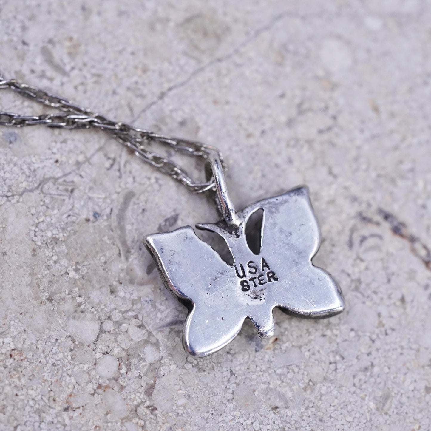 21" USA Sterling silver necklace, 925 rope chain turquoise butterfly pendant