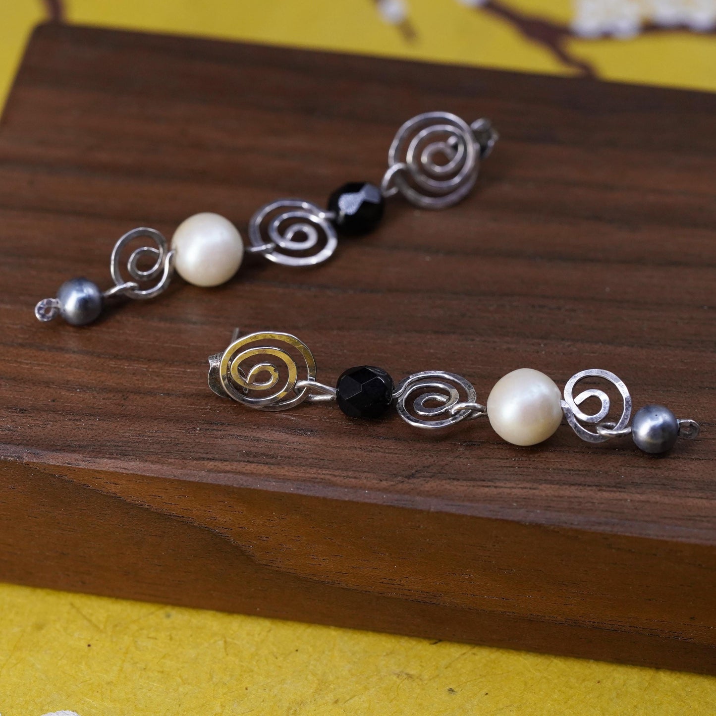 Vintage Sterling silver handmade earrings, 925 studs with pearl drops