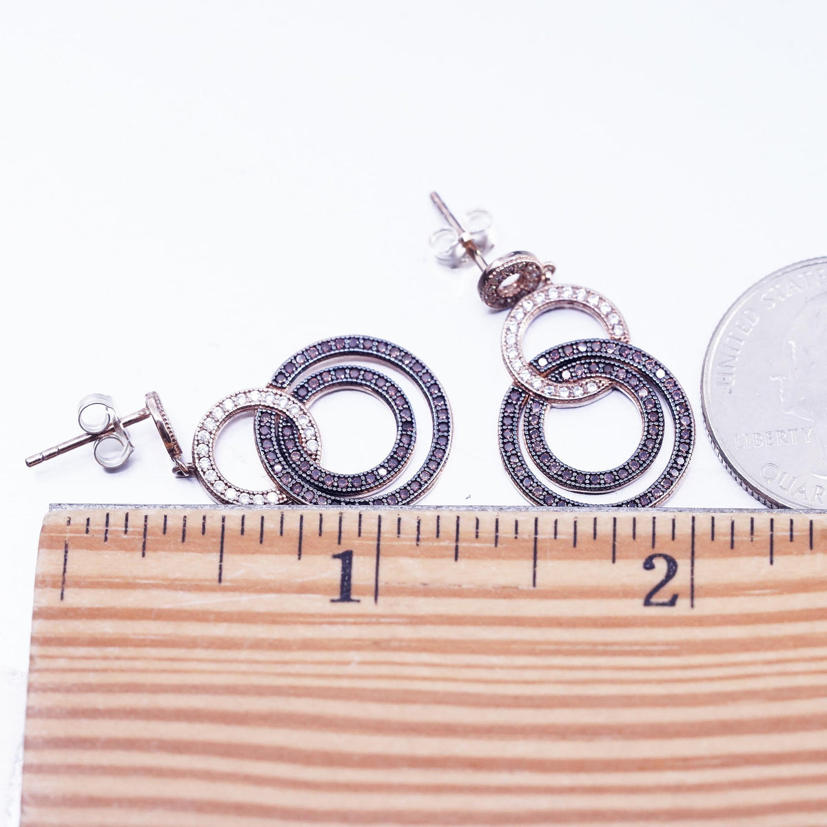 Vermeil Sterling Silver 925 Studs Earrings, Rose Gold CZ Halo, Entwined Dangles
