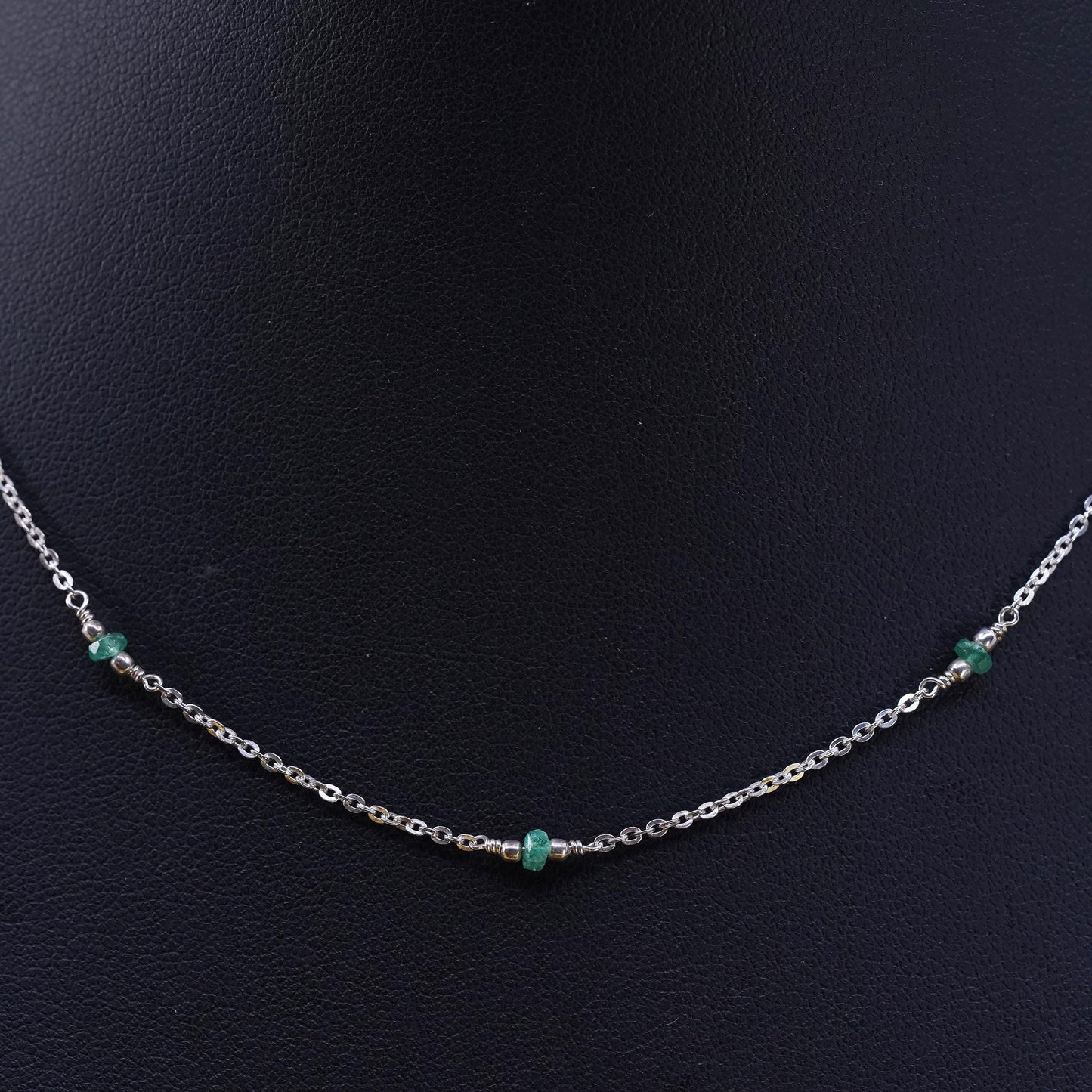 15", vintage Sterling silver circle chain w/ emerald beads, Italy 925 necklace