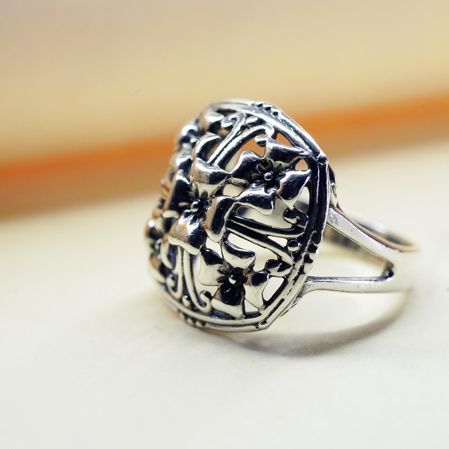 Size 6.25, vintage Sterling silver handmade ring, 925 filigree flower band