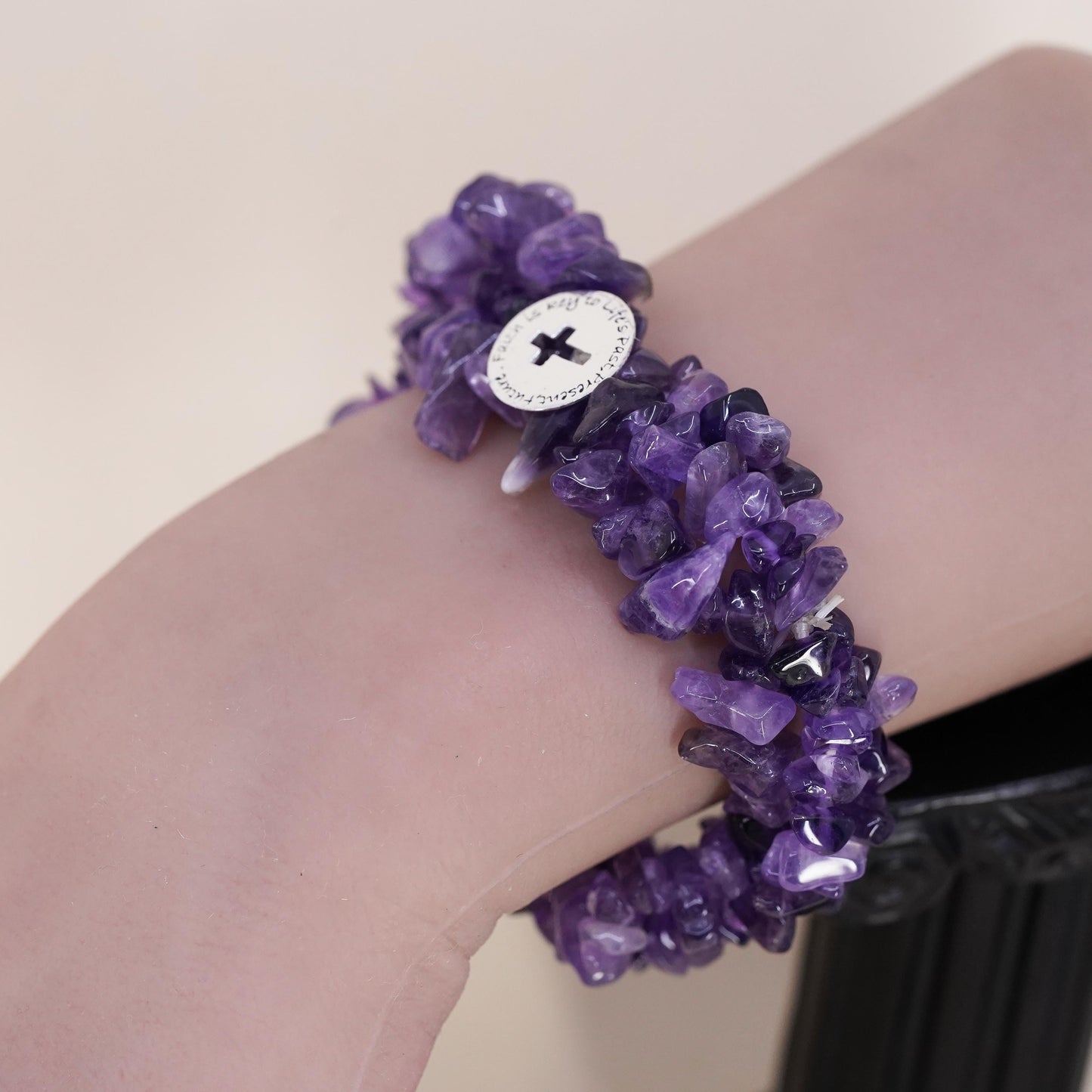6.5", amethyst beads bracelet stretchy band sterling 925 silver cross charm