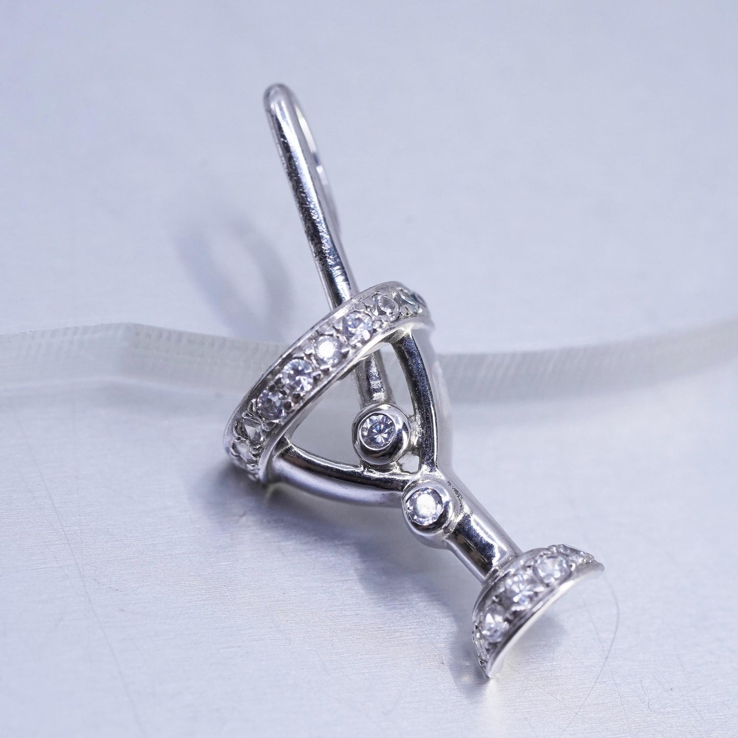 Vintage sterling 925 silver cocktail glass pendant with cluster Cz