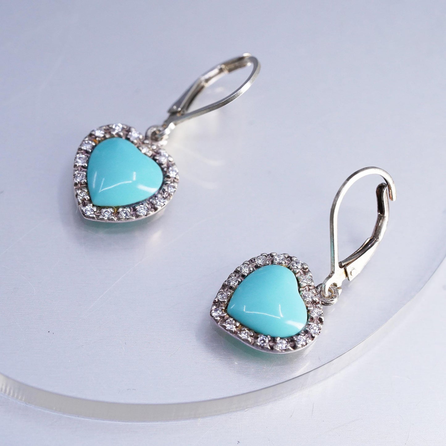VTG 925 Sterling Silver Turquoise Heart Dangles, CZ Halo, Leverback Earrings