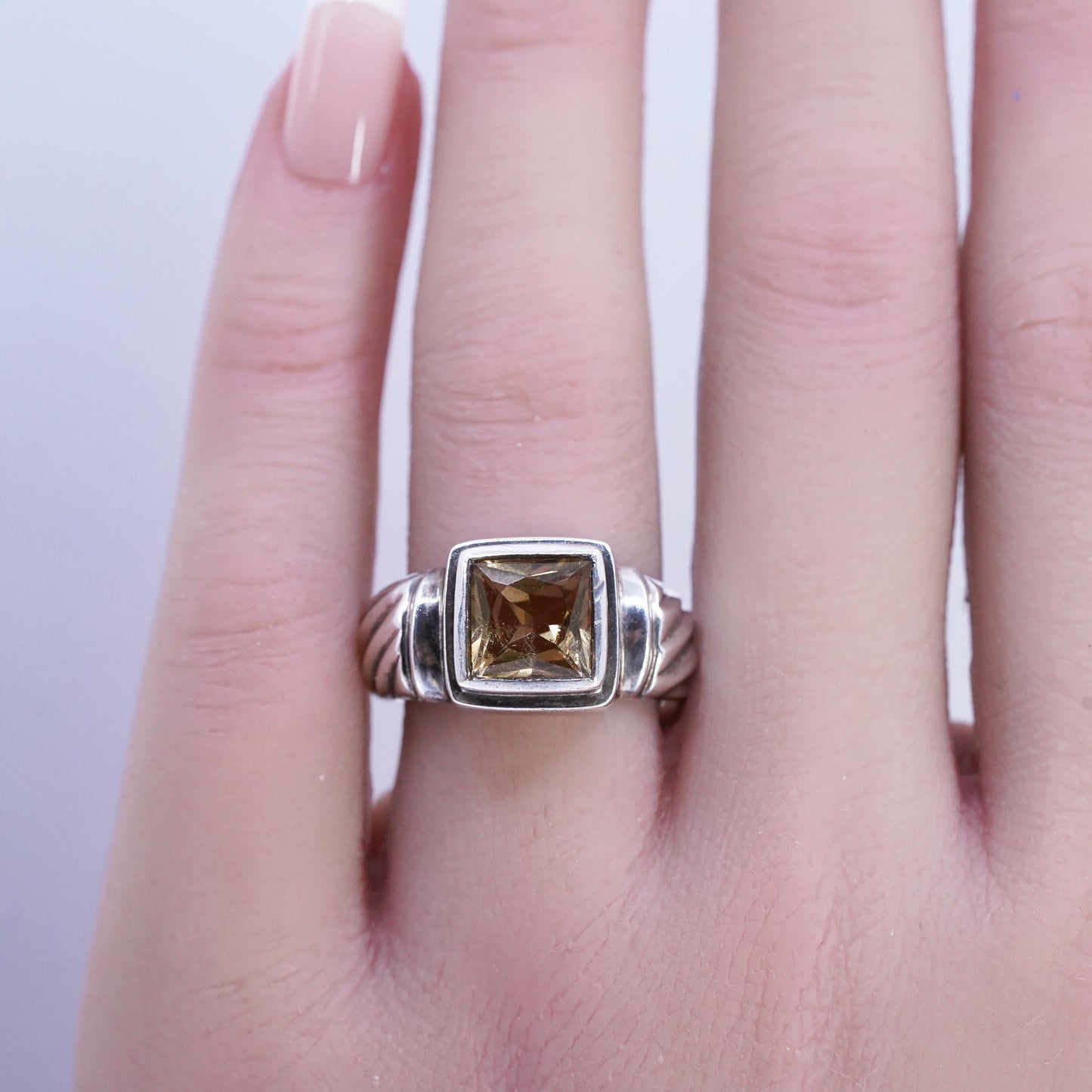 Size 7, vintage Sterling 925 silver cable textured ring square citrine, jewelry