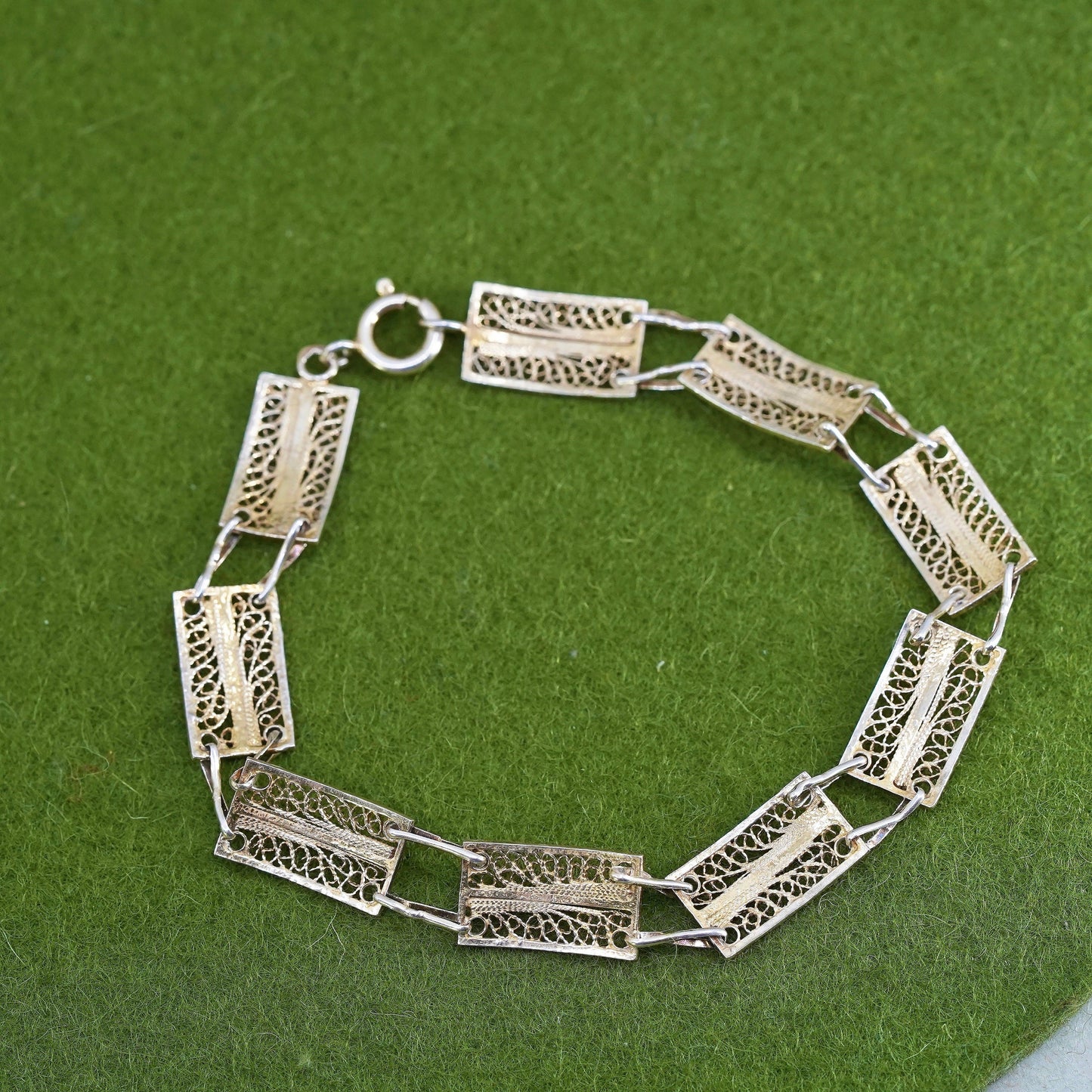 8", Italian sterling silver handmade bracelet, filigree rectangular chain