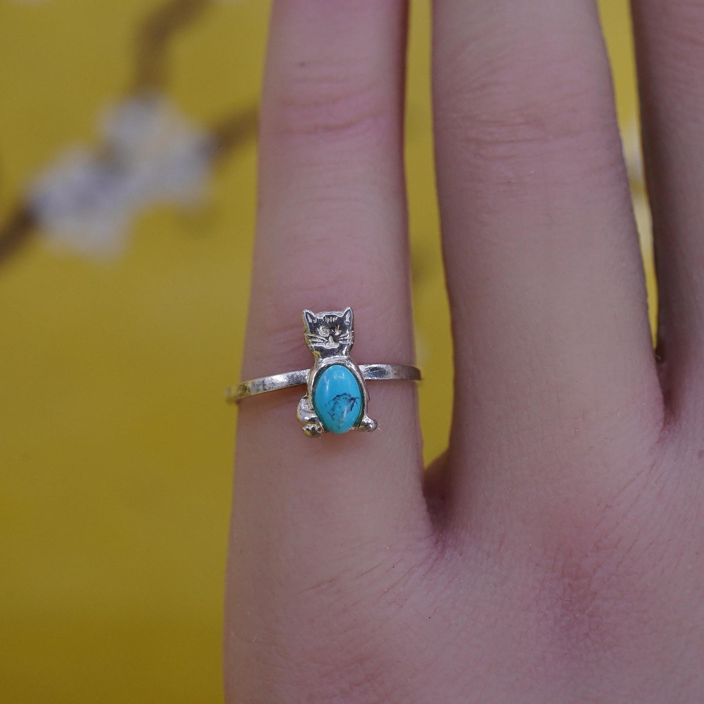 Size 4.75, Sterling 925 silver cat kitty ring turquoise, southwestern jewelry