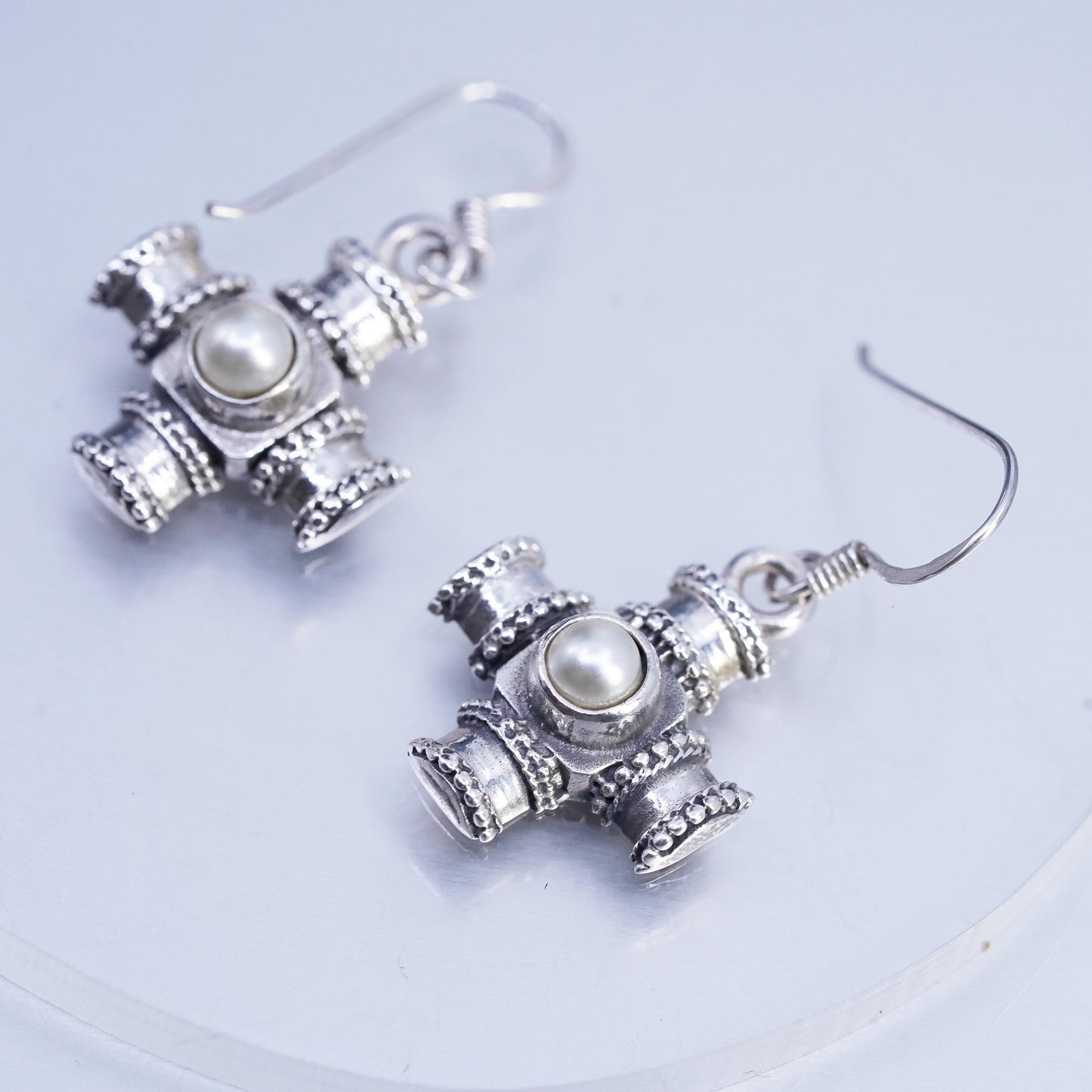VTG Sterling 925 Silver Cross Earrings with Pearl, Dangle Earrings, Gothic Boho