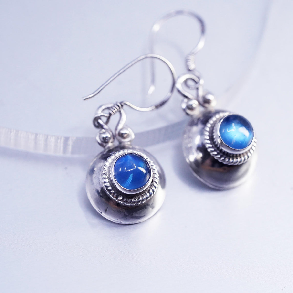 Sterling 925 Silver Blue Moonstone Cabochon Dangles, Artisan Rope Drop Earrings