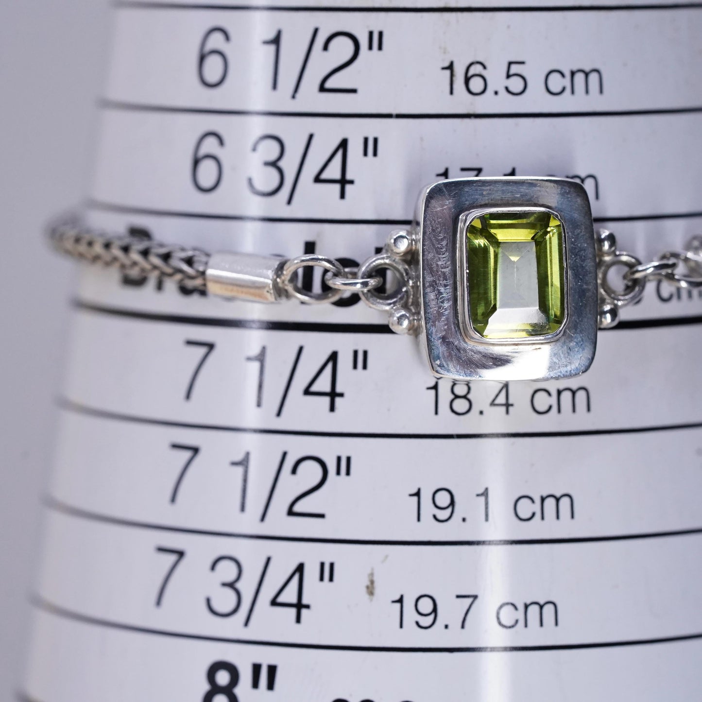 7”, vintage sterling silver bracelet, 925 wheat chain emerald cut peridot