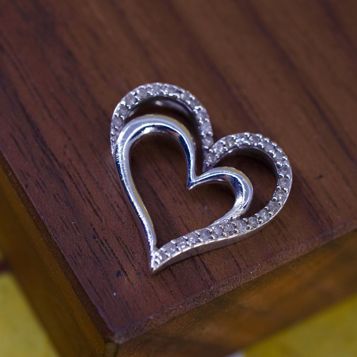 Vintage SUN sterling silver pendant, 925 double heart with cluster diamonds