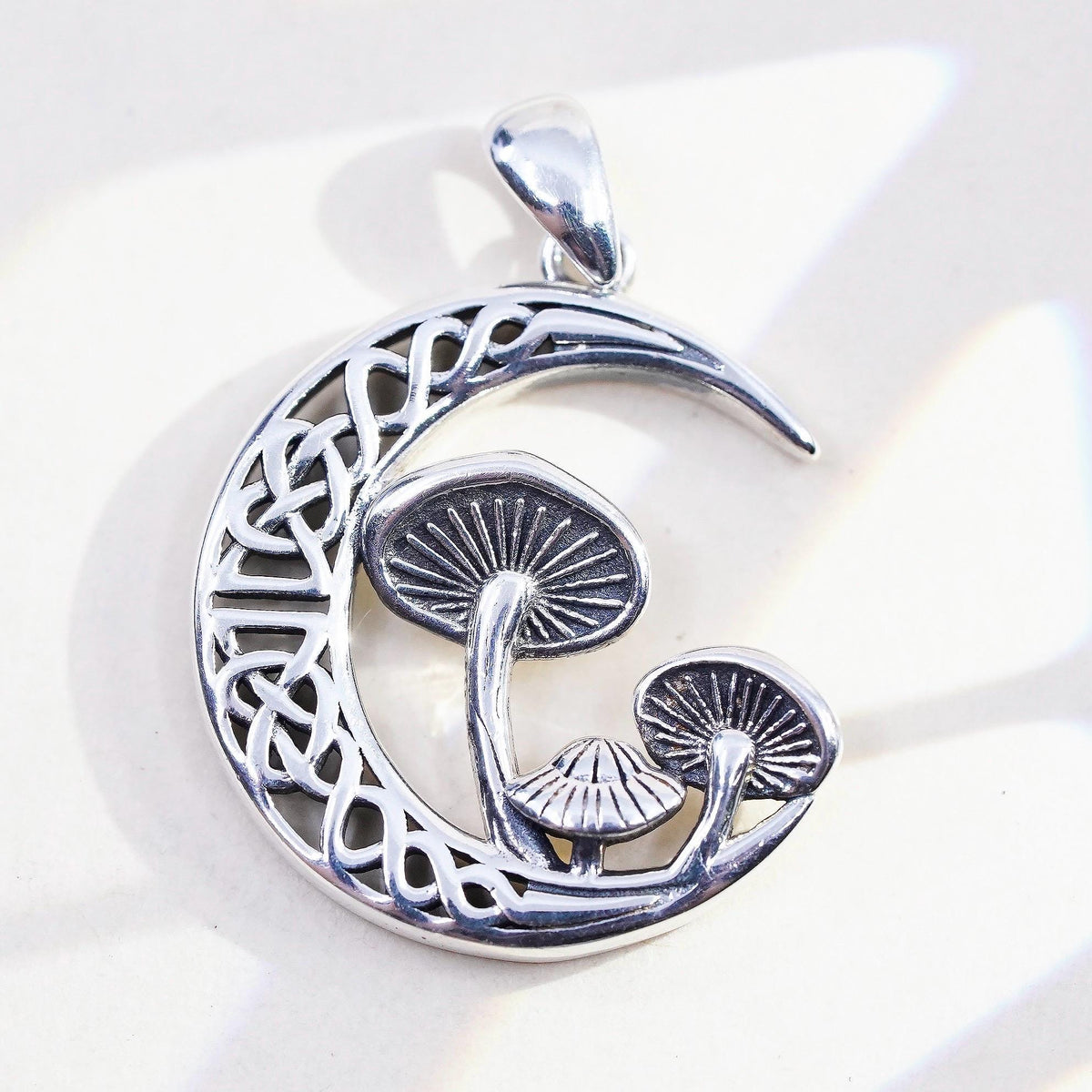 VINTAGE Sterling Silver Crescent Moon Mushroom Pendant, 925 Celtic Moon Charm