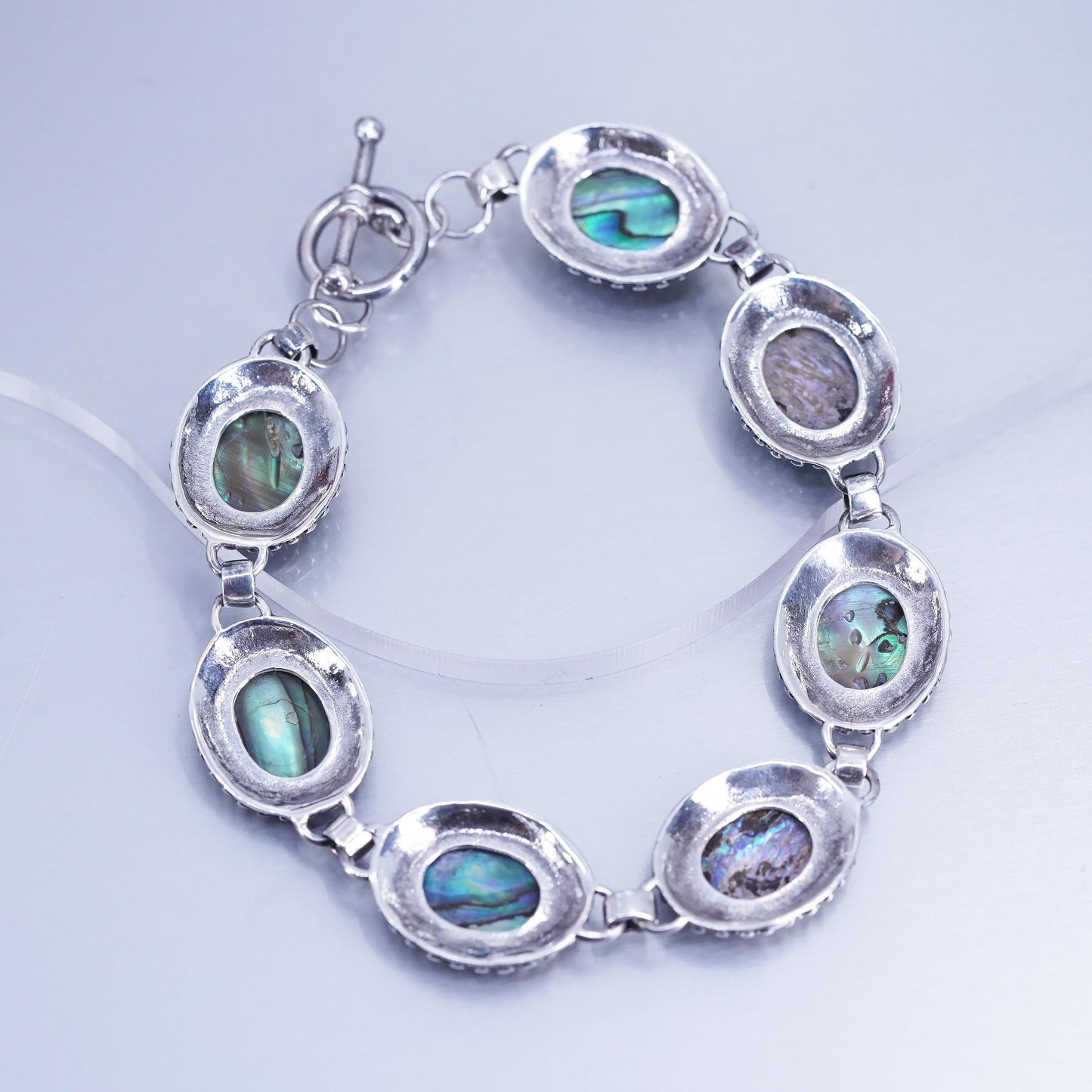 7.75”, Sterling 925 silver handmade bracelet with abalone and toggle closure
