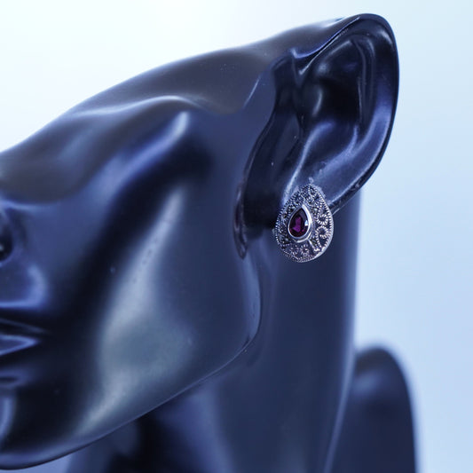 Vintage Sterling 925 silver handmade earrings, teardrop studs w/ ruby Marcasite