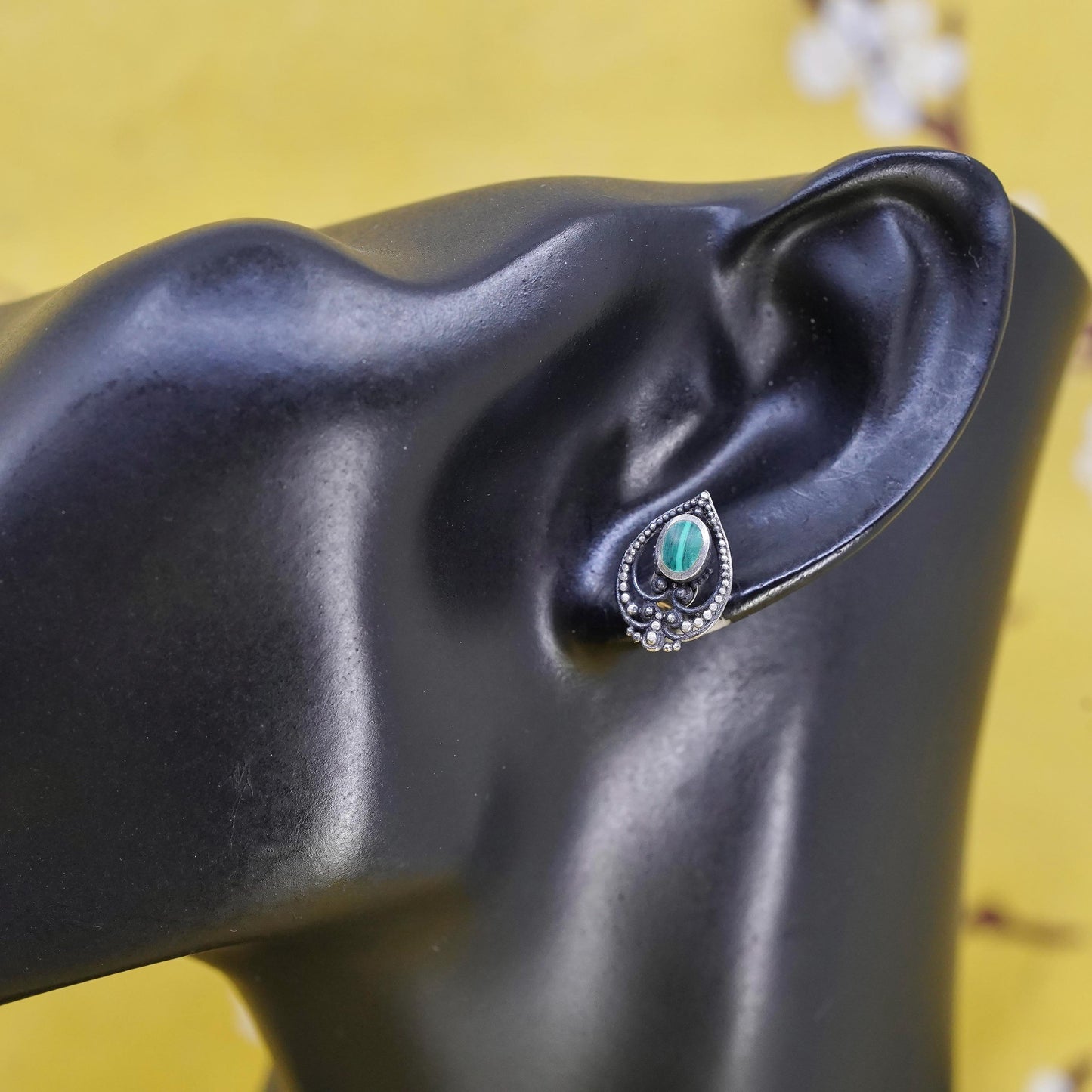 Vintage Sterling silver handmade earrings, 925 teardrop studs malachite inlay.