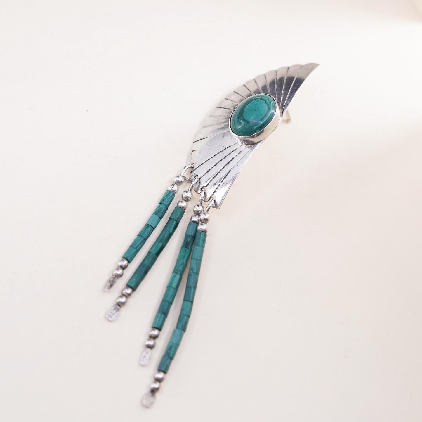 Native American single earring Navajo Sterling 925 silver malachite wing fringe