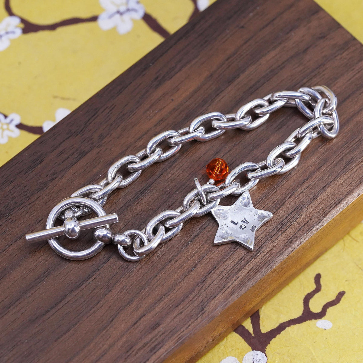 6.75" 7mm, Vintage Sterling silver bracelet, 925 oval link chain star charm