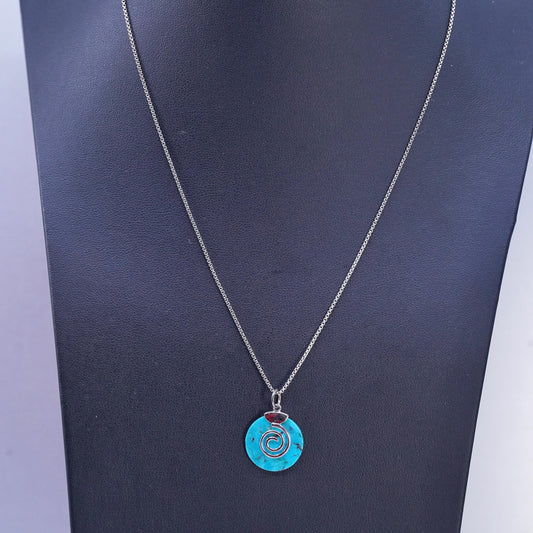 18", vintage Sterling 925 silver box necklace with turquoise circle pendant
