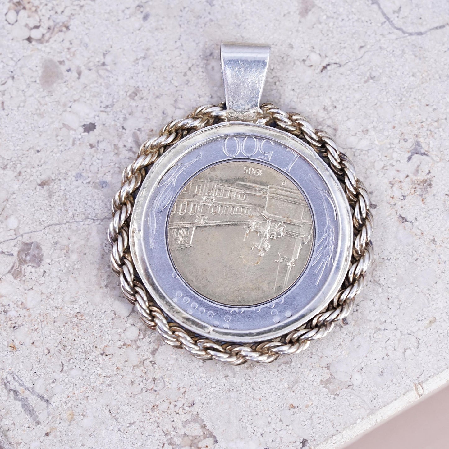 Italian 500 Lire Coin Charm Pendant sterling silver 925 case gold rope chain