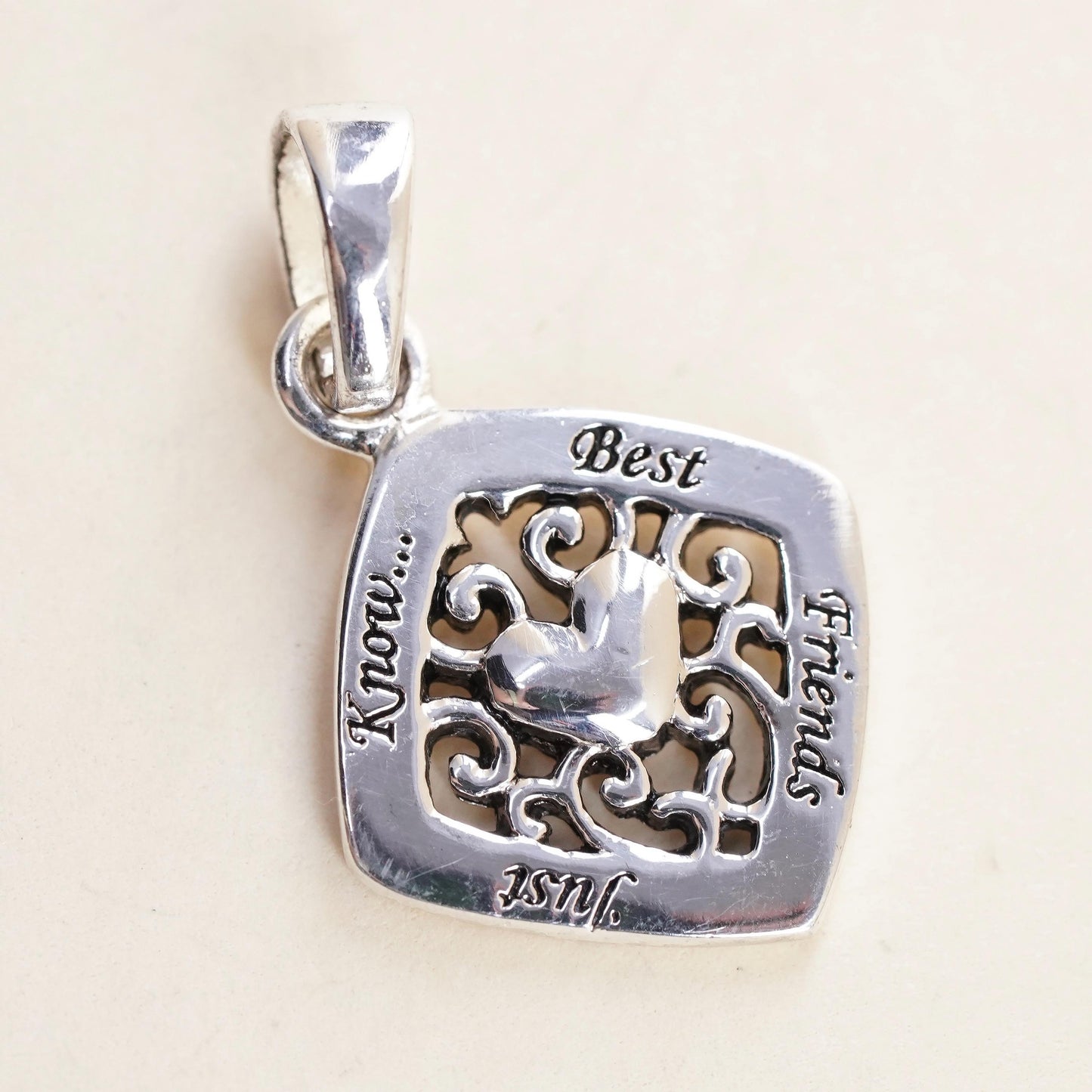 Vintage sterling silver charm, 925 pendant with heart best friends just know