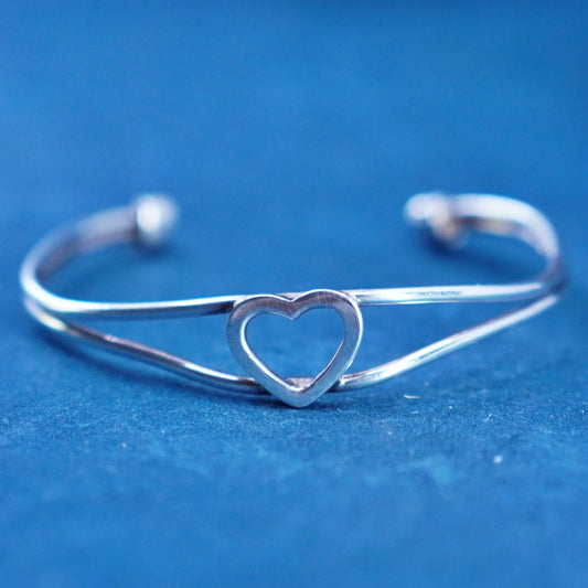 5.5”, vintage Italian sterling silver 925 handmade cuff, bracelet with heart