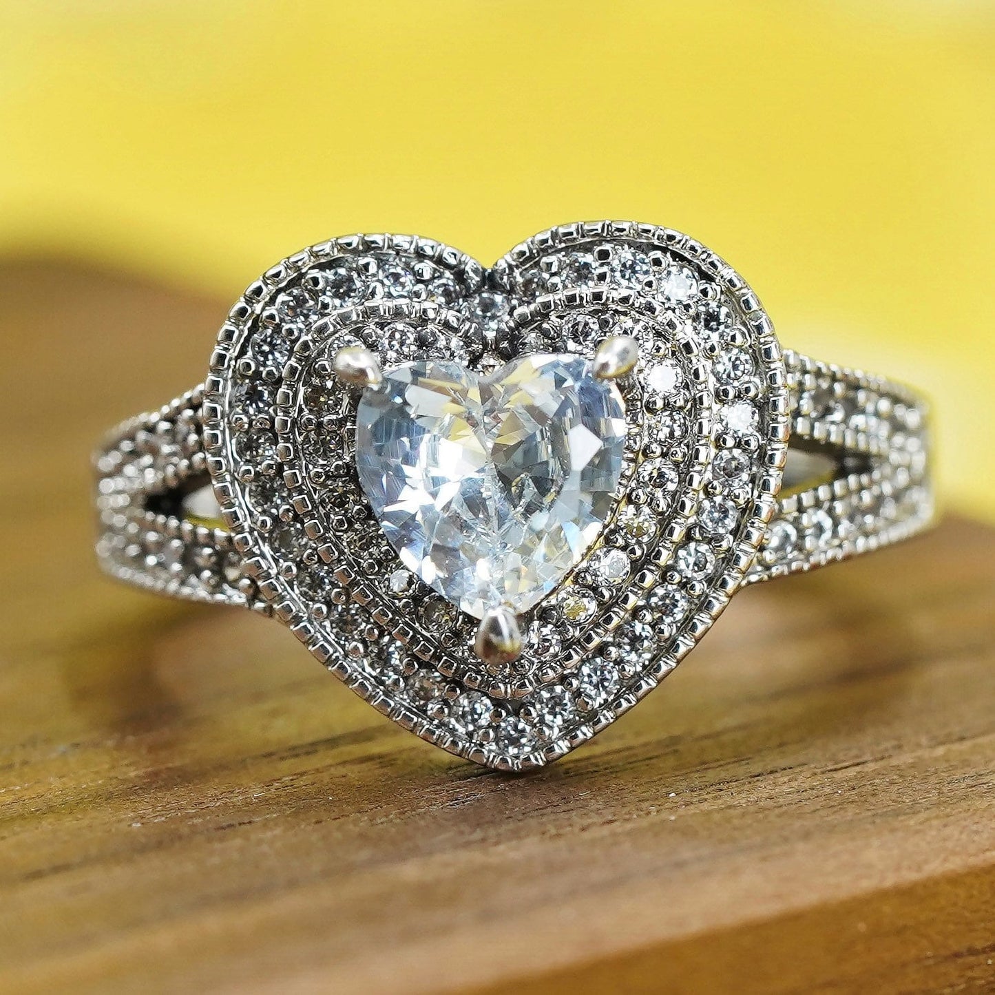 Size 9, VTG sterling silver engagement ring, cluster clear crystal heart 925