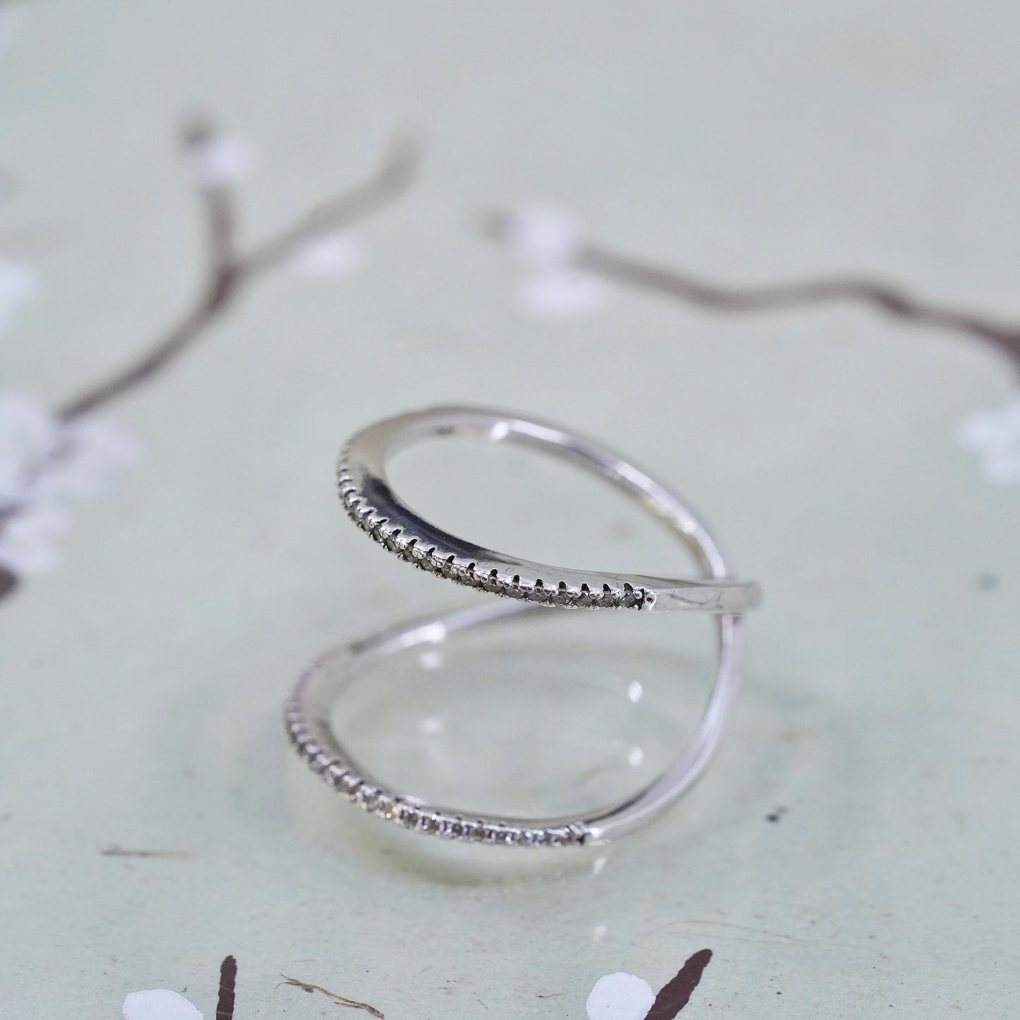 Size 7.5 Sterling silver statement ring, double band, 925 with cluster CZ
