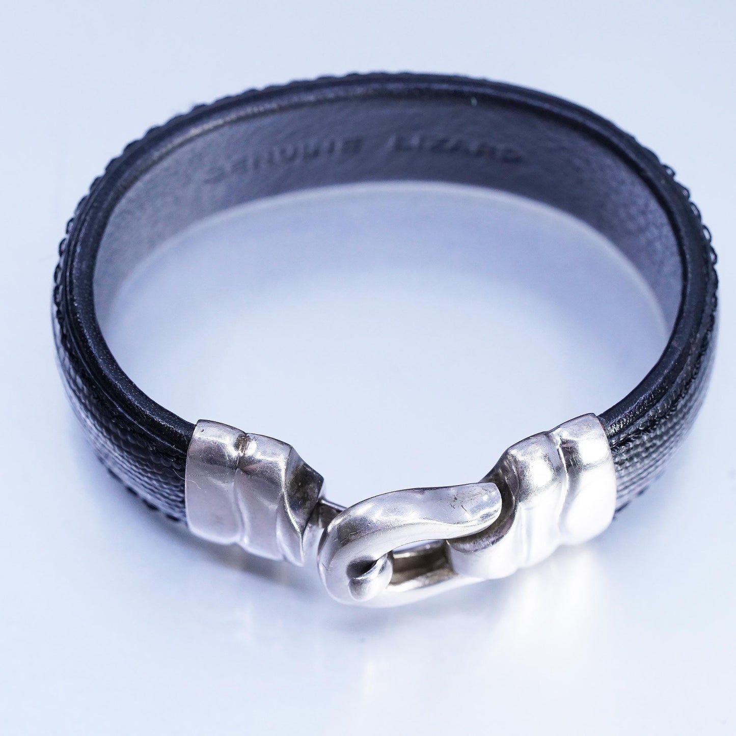 5.5", Industria Argentina Sterling 925 Silver Bracelet, Lizard Leather bangle