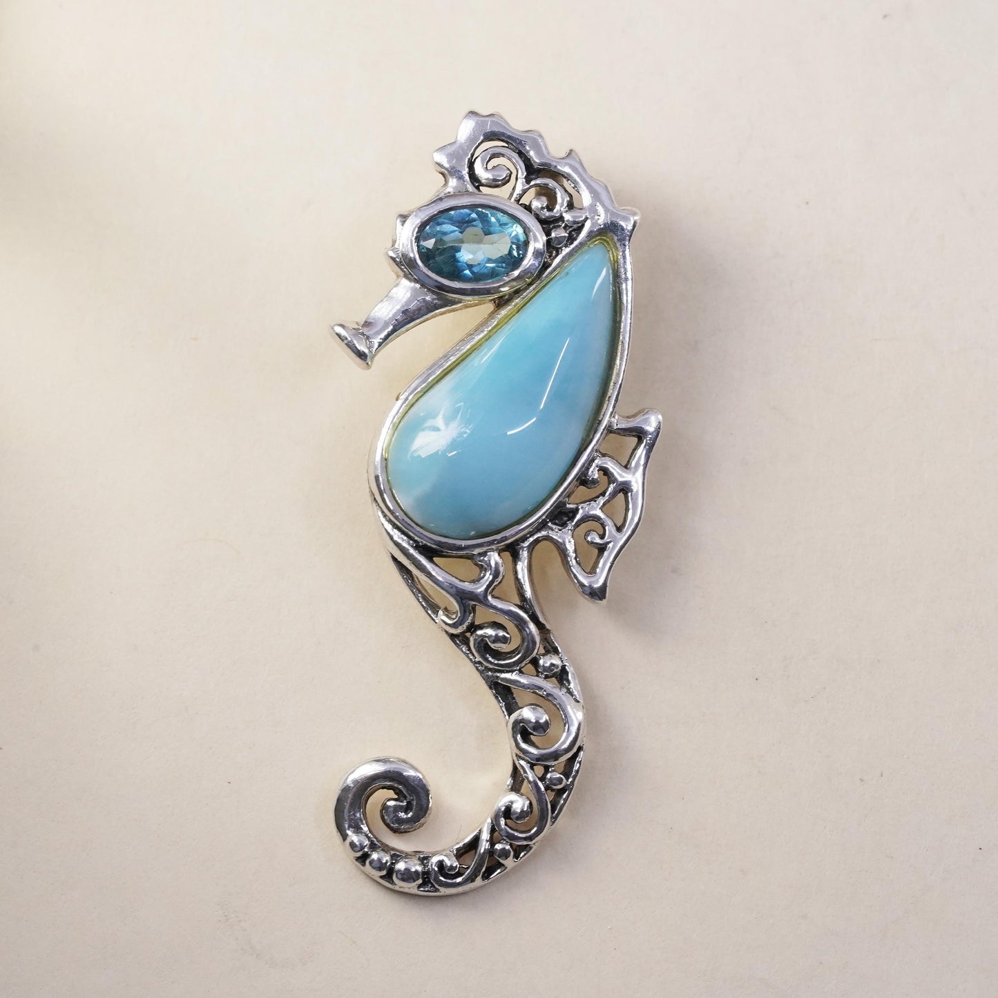 Vintage sterling 925 silver handmade filigree seahorse pendant larimar topaz