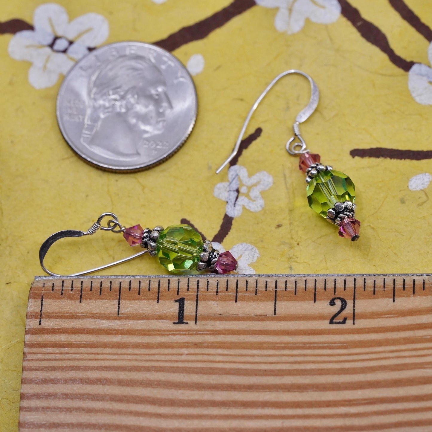 Vintage Sterling silver handmade earrings, 925 hooks with green crystal beads