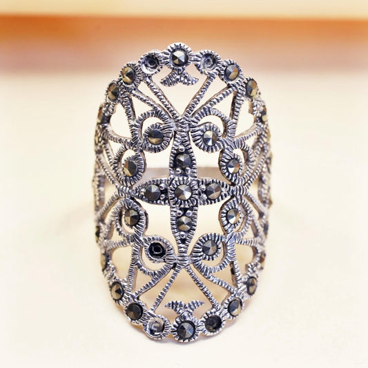 Size 4.5, Vintage Sterling 925 silver handmade filigree ring with marcasite
