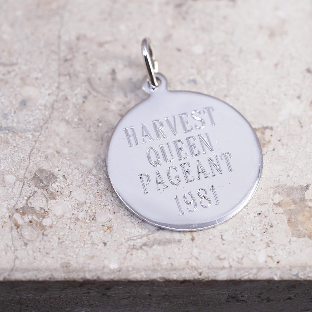 sterling silver pendant, 925 tag charm engraved Harvest Queen Pageant 1981