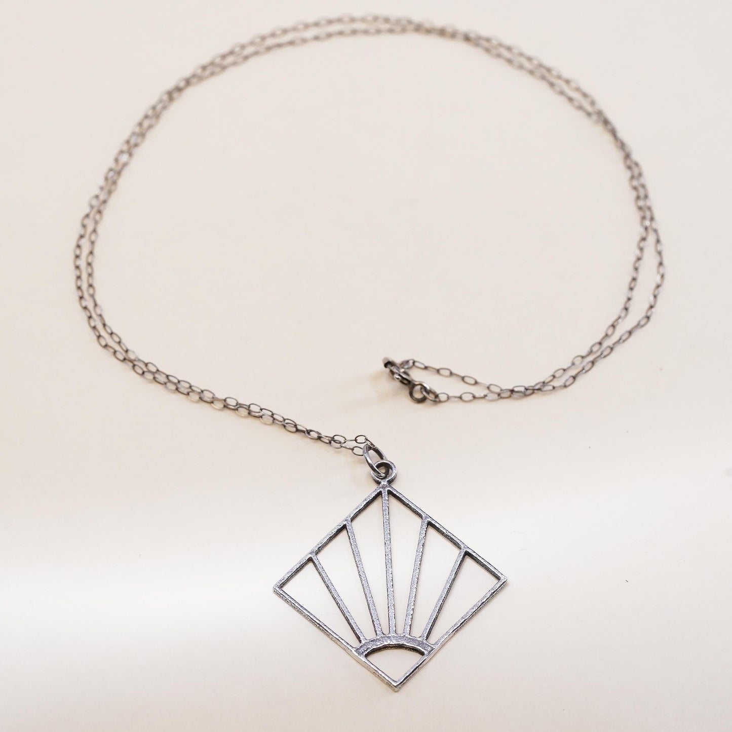 20”, Sterling Silver 925 Art Deco Fan Pendant Necklace, Openwork Sunburst