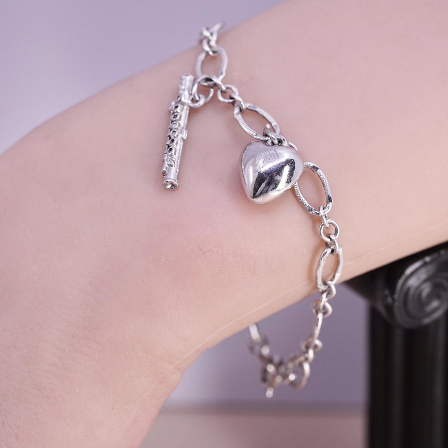 7", VTG Sterling silver handmade bracelet, 925 oval bracelet heart flute charms