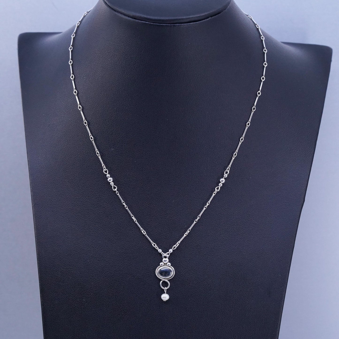 16”, Vintage Sterling 925 silver handmade bar chain necklace hematite pendant