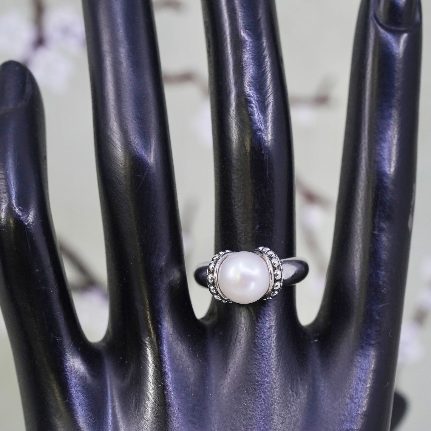 Size 7, Vintage sterling 925 silver handmade ring with pearl and beads