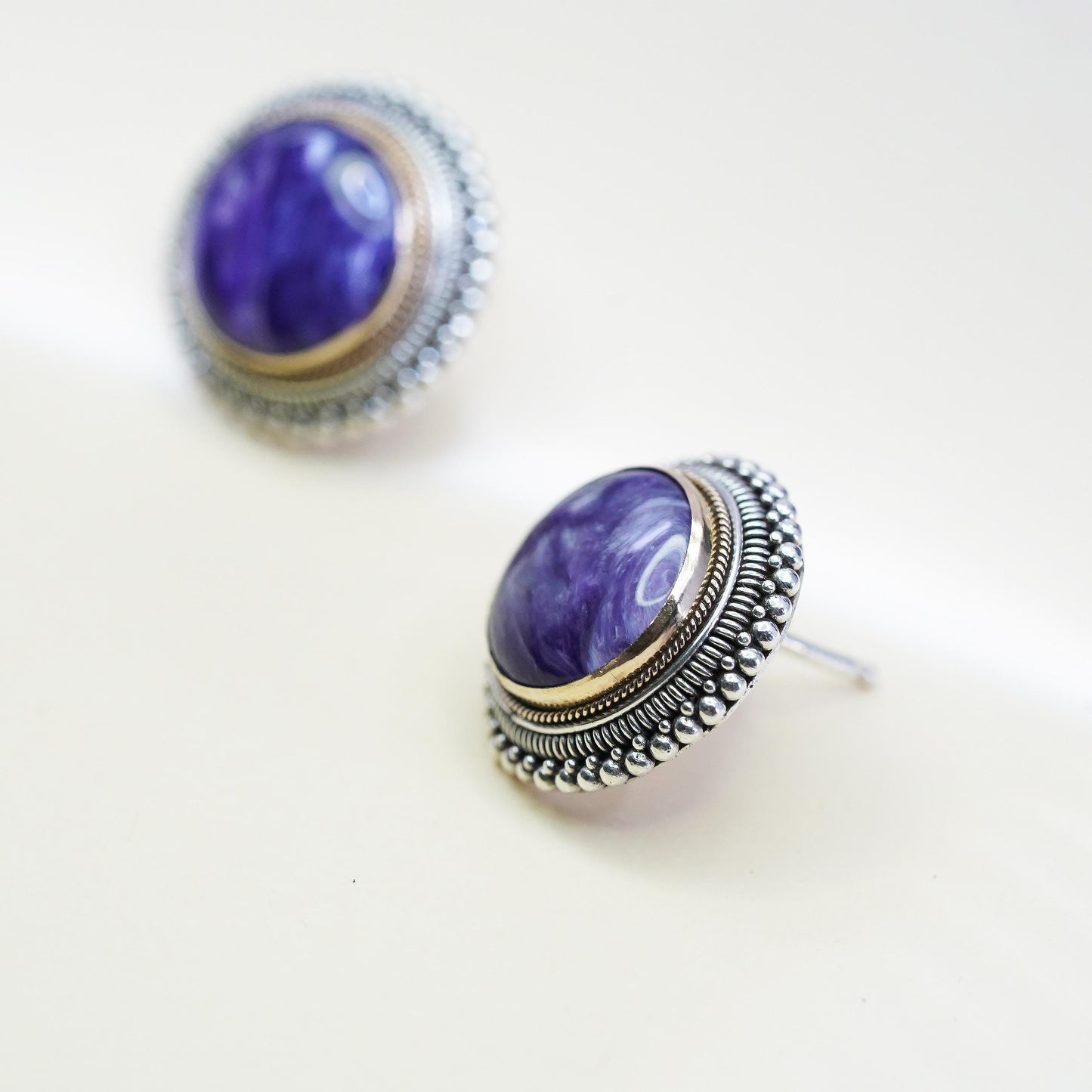 two tone Sterling Silver Charoite Earrings, Purple Stone, 925 Statement Studs