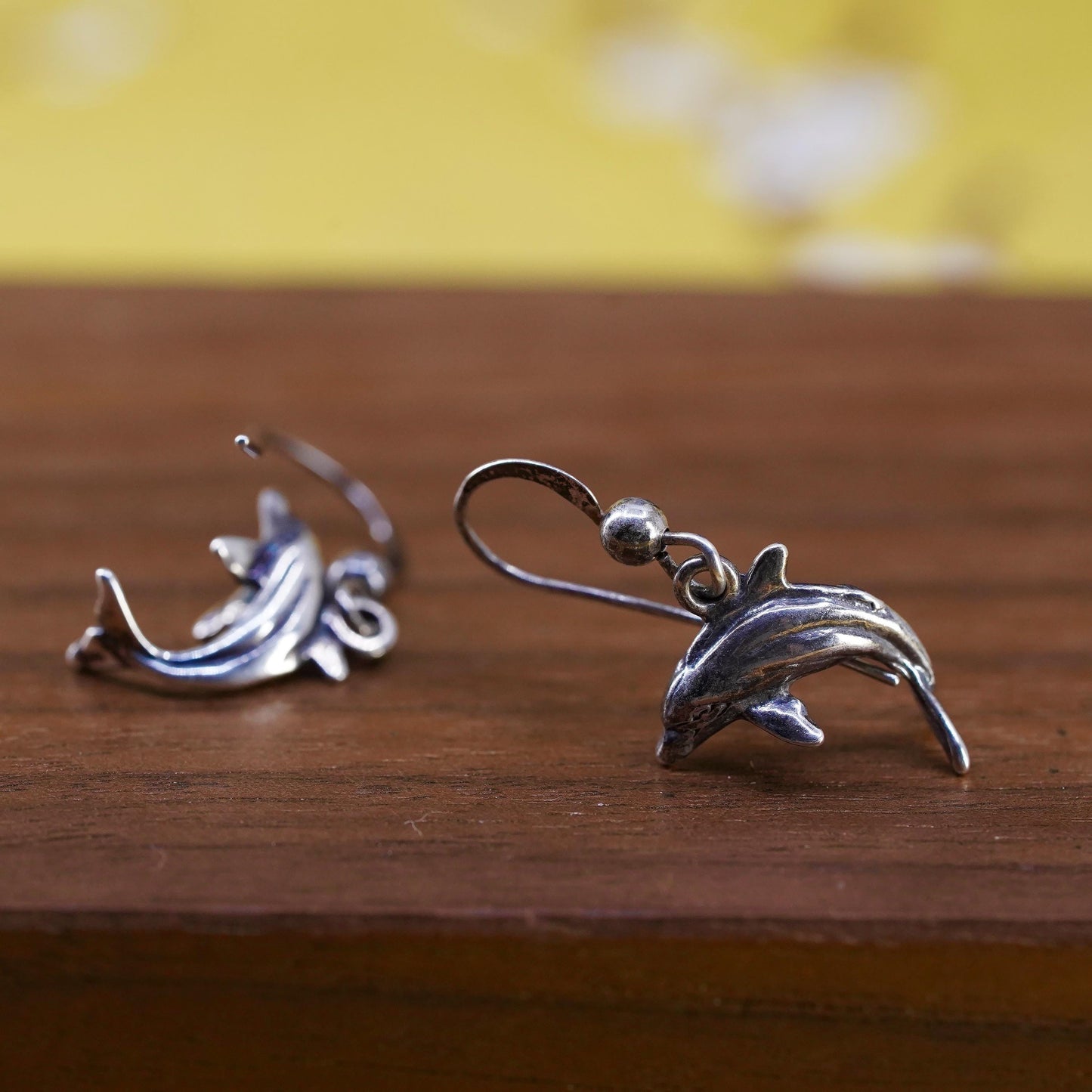 Vintage Sterling silver handmade earrings, 925 dolphin dangles
