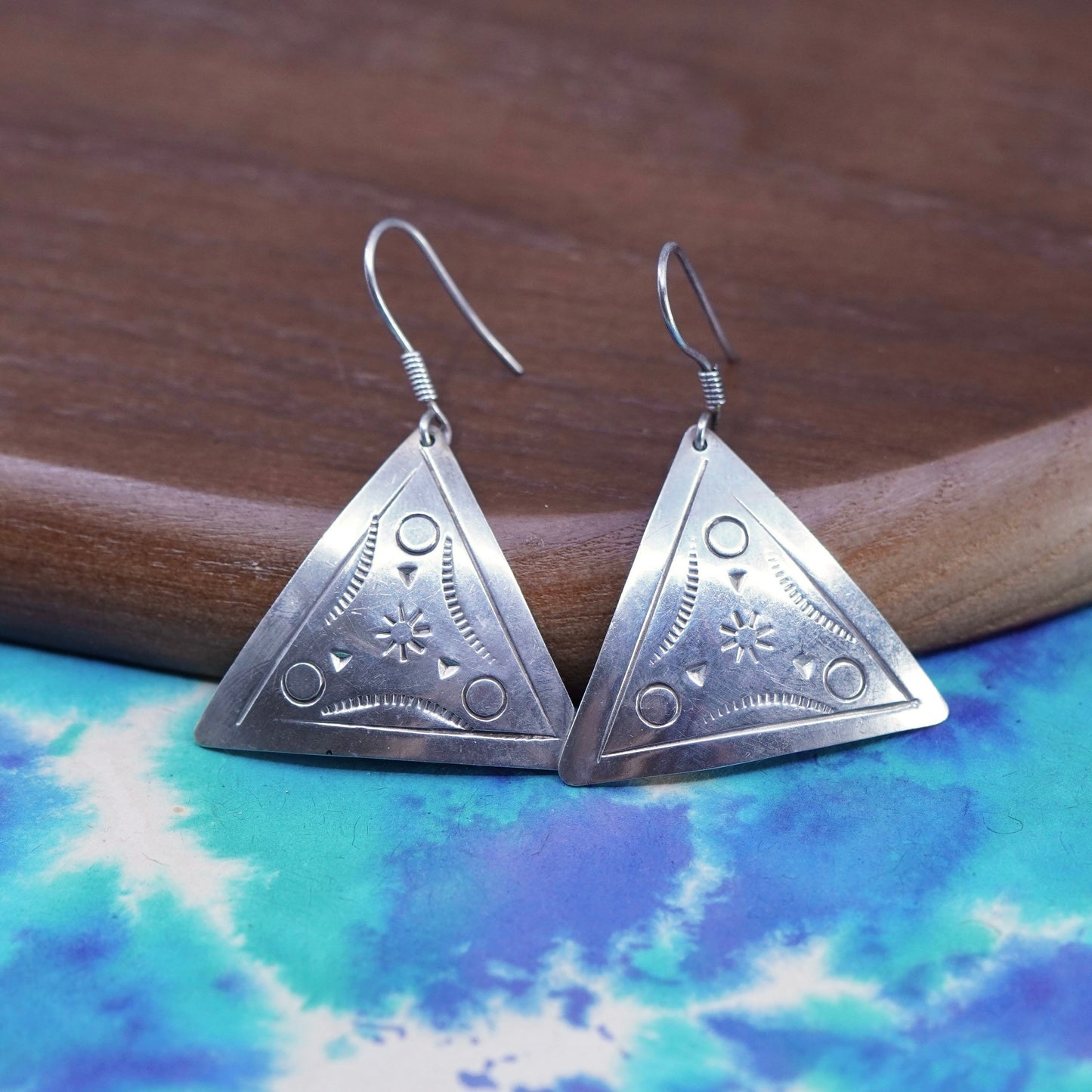 Vintage Sterling 925 silver handmade textured triangular earrings